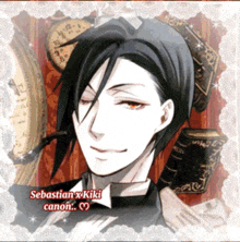a picture of sebastian x kiki canon with a clock and books in the background