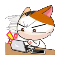 a cartoon cat is sitting at a desk with a laptop and a phone