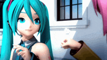 a girl with blue hair has a sticker on her arm that says miku