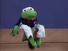 kermit the frog from sesame street is sitting on a wooden box .