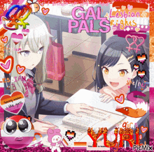 a picture of two girls sitting at a desk with the words gal pals on the bottom