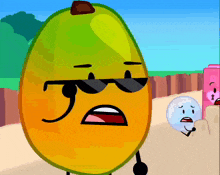 a cartoon drawing of a mango wearing sunglasses and a sad face