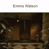 emma watson is standing in front of a door in a hallway