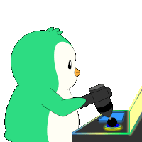 a cartoon penguin is playing a video game with a hammer