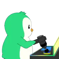 a cartoon penguin is playing a video game with a hammer
