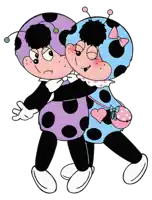 two cartoon characters are hugging each other and one has a pink heart purse