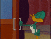 a cartoon duck is opening a door next to a rabbit holding a box