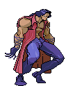a pixel art of a man in a red coat and purple pants is standing on one leg .