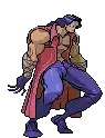 a pixel art of a man in a red coat and purple pants is standing on one leg .