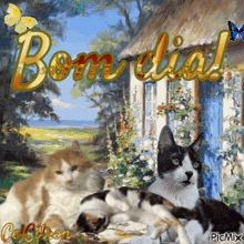 a painting of two cats with the words bom dia on it