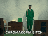 a man in a green uniform is standing in a room with the words chromakopia bitch above him
