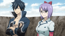 a man and a woman are standing next to each other and the woman has purple hair
