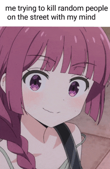a picture of a girl with pink hair and purple eyes with a caption that says me trying to kill random people on the street with my mind