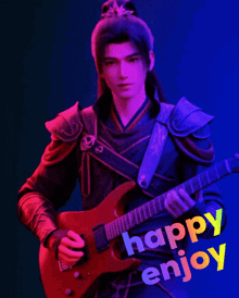 a man in a costume is playing a guitar with the words happy enjoy written below him