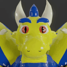 a yellow and blue cartoon dragon with red eyes