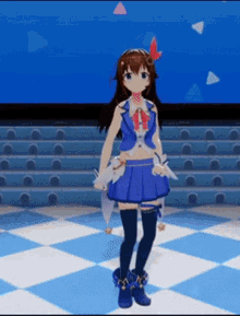 a girl in a blue dress is standing on a checkered floor in front of a blue background