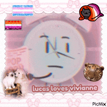 a picture of a clock with a face and the words lucas loves vivianne