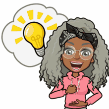 a cartoon girl with glasses and a light bulb in a thought bubble