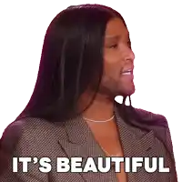 a woman with long hair says it 's beautiful on a white background