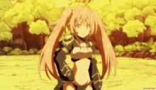 a girl in a bikini is standing in a field with trees in the background
