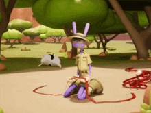 a purple rabbit in a safari outfit is tied up with a red rope