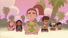 a cartoon of a group of people sitting on the beach