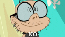a cartoon character with glasses and the word no on his shirt