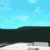 a computer generated image of a landscape with trees and mountains in the background