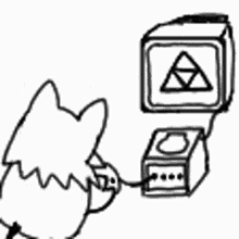 a black and white drawing of a cat standing next to a computer .