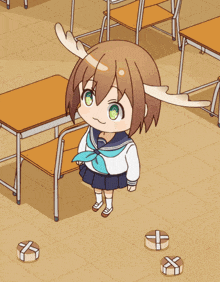 a girl with antlers standing in a classroom