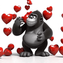 a gorilla is surrounded by red hearts and holding a heart in his hand