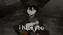 a cartoon of a man sitting on the ground with the words i hate you below him