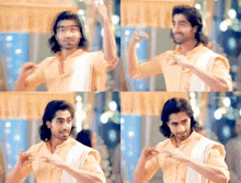 a man with long hair is wearing a yellow shirt and a white towel around his waist