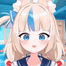 a blonde anime girl with blue eyes is wearing a sailor outfit