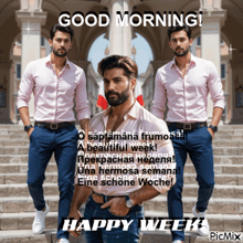 a man with a beard is on a poster that says good morning and happy week
