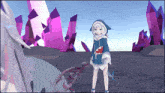 a girl in a shark hoodie stands in front of purple crystals in a video game
