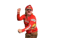a man wearing sunglasses and a red shirt that says verlland