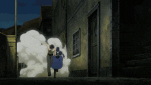 a man and a woman running down a street with smoke coming out of a building