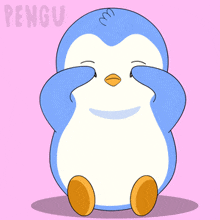 a penguin with a sad look on its face is on a pink background