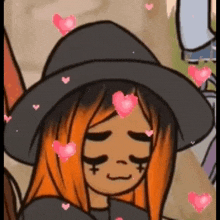 a close up of a cartoon girl wearing a black hat with hearts coming out of it .