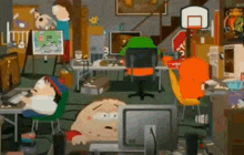 a bunch of cartoon characters are in a room with a basketball hoop in the background