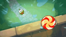 a cartoon character is jumping over a candy cane in a video game