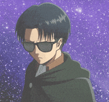 a man wearing sunglasses is standing in front of a galaxy background
