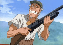 a man in a white shirt is holding a shotgun and making a funny face