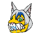 a cartoon drawing of a cat with sharp teeth and green eyes