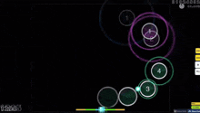 a screenshot of a video game with circles and numbers on a black background