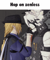 a picture of two anime characters with the words hop on zenless above them