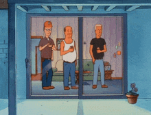 three men are standing in front of a sliding glass door in a living room