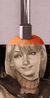 a woman 's face is shown with an orange on top of it
