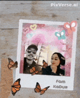 a man and a woman are in a polaroid frame with butterflies flying around them
